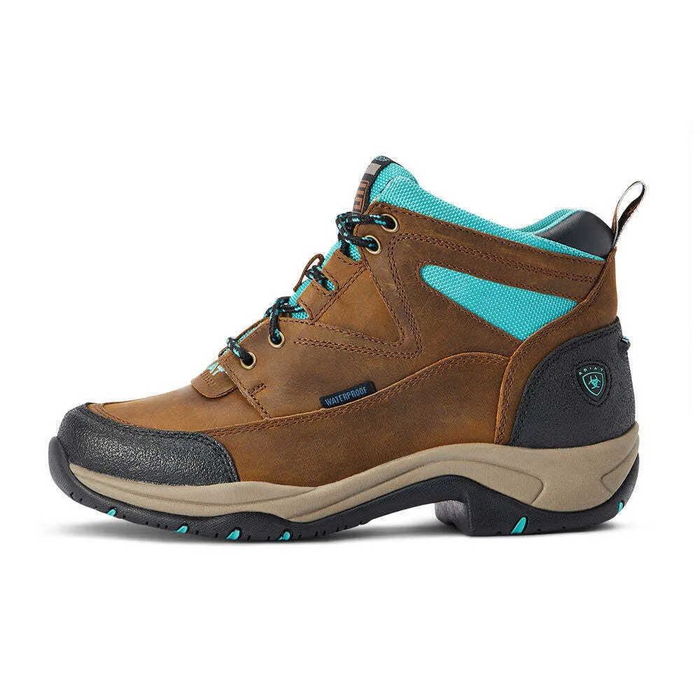 10042538 Ariat Women's Terrain H2O Lace Up Boot- Weathered Brown & Turquoise