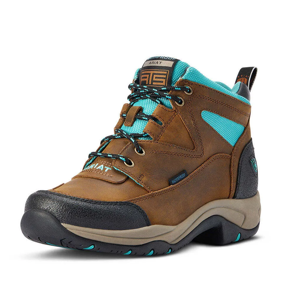 10042538 Ariat Women's Terrain H2O Lace Up Boot- Weathered Brown & Turquoise