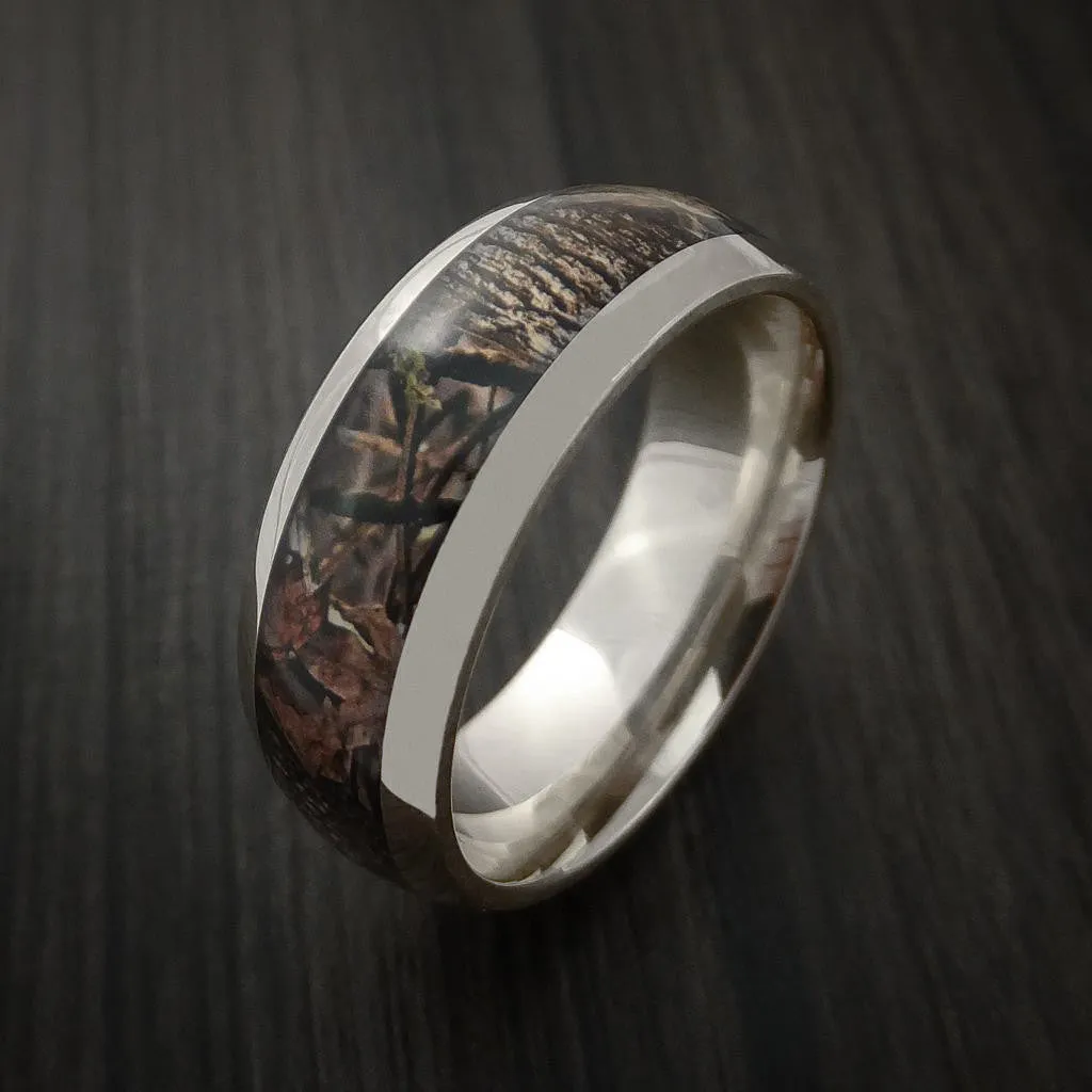 14k White Gold Men's Ring with Camo Inlay Custom Made Wedding Band