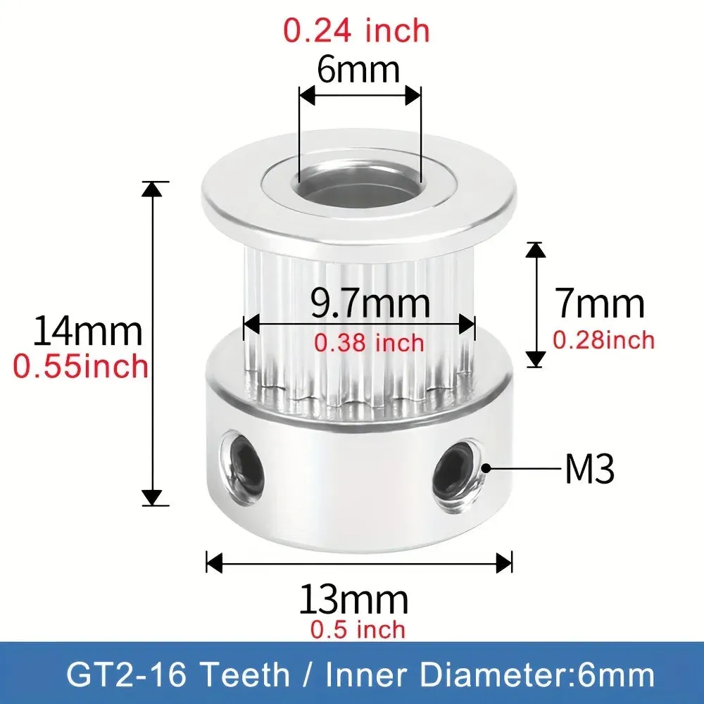 Aluminum GT2 Timing Pulley 16Tooth 6mm Bore For 6mm Belt