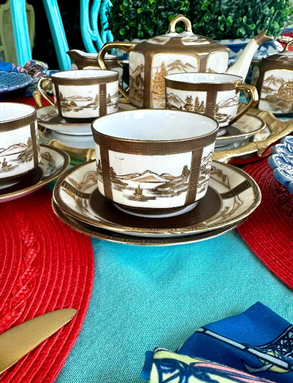 Antique Tea Set, Noritake Morimura Bros. Hand Painted, Japanese 14 piece set, 1 lidded teapot, 1 lidded sugar bowl, 1 creamer, 5 teacups, 6 saucers