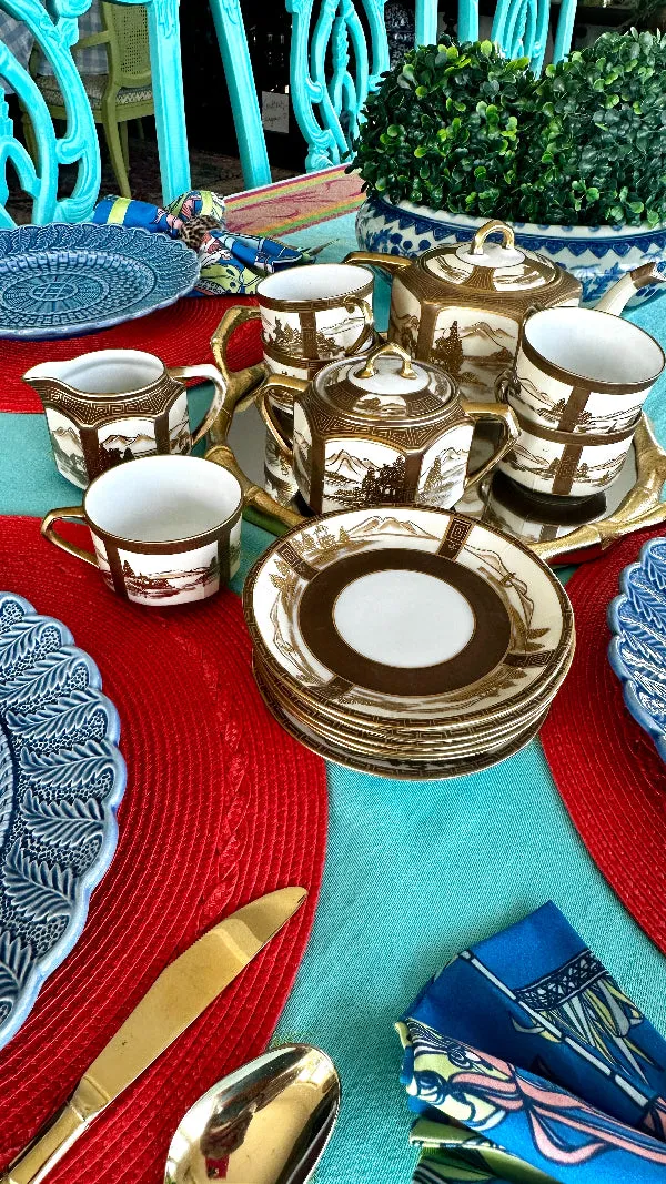 Antique Tea Set, Noritake Morimura Bros. Hand Painted, Japanese 14 piece set, 1 lidded teapot, 1 lidded sugar bowl, 1 creamer, 5 teacups, 6 saucers