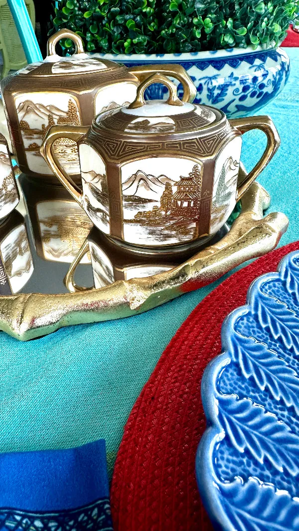 Antique Tea Set, Noritake Morimura Bros. Hand Painted, Japanese 14 piece set, 1 lidded teapot, 1 lidded sugar bowl, 1 creamer, 5 teacups, 6 saucers