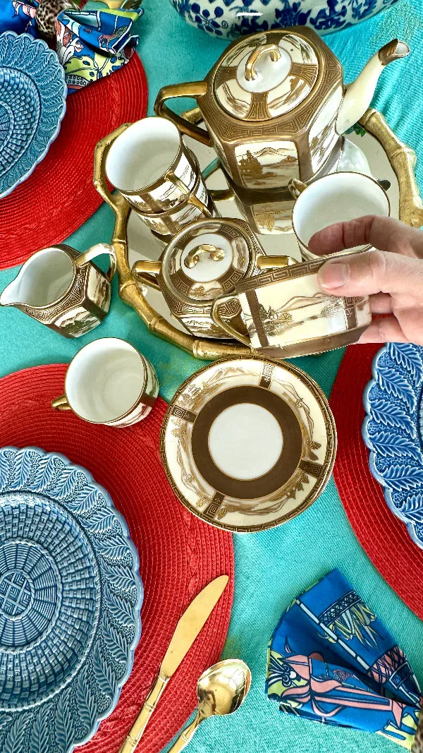 Antique Tea Set, Noritake Morimura Bros. Hand Painted, Japanese 14 piece set, 1 lidded teapot, 1 lidded sugar bowl, 1 creamer, 5 teacups, 6 saucers