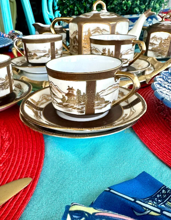 Antique Tea Set, Noritake Morimura Bros. Hand Painted, Japanese 14 piece set, 1 lidded teapot, 1 lidded sugar bowl, 1 creamer, 5 teacups, 6 saucers