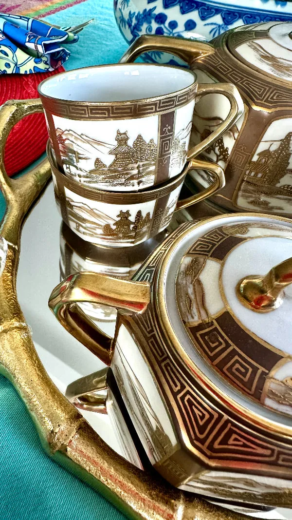 Antique Tea Set, Noritake Morimura Bros. Hand Painted, Japanese 14 piece set, 1 lidded teapot, 1 lidded sugar bowl, 1 creamer, 5 teacups, 6 saucers