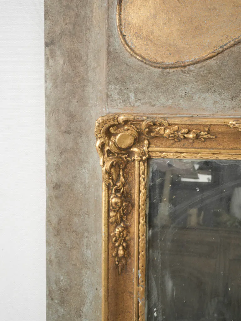 Antique Trumeau Mirror w/ Gilded Details and Distressed Patina 59"