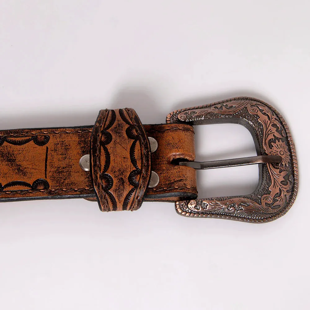 Antiqued Brown & Black Tooled Leather Belt- Western Belts for Cowgirls