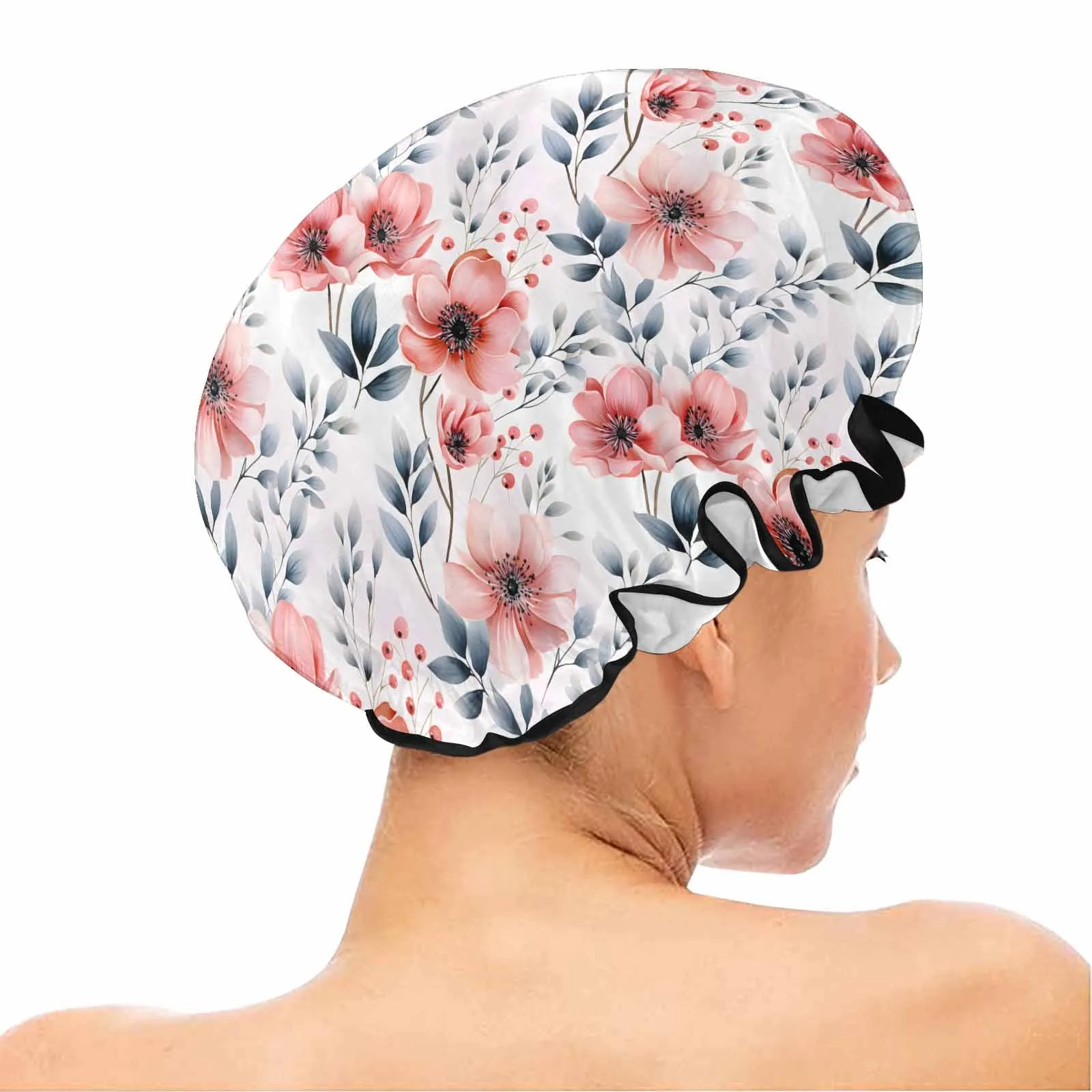 Apricot and Grey Floral  Shower Cap