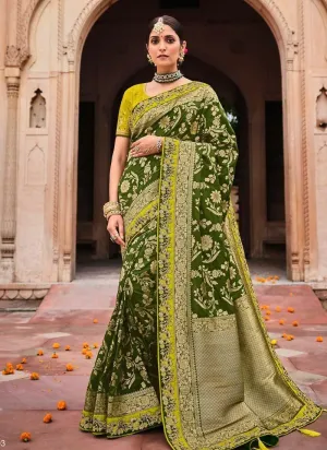 Artistic Olive Green Color Silk Fabric Saree With Silk Weave Embroidery