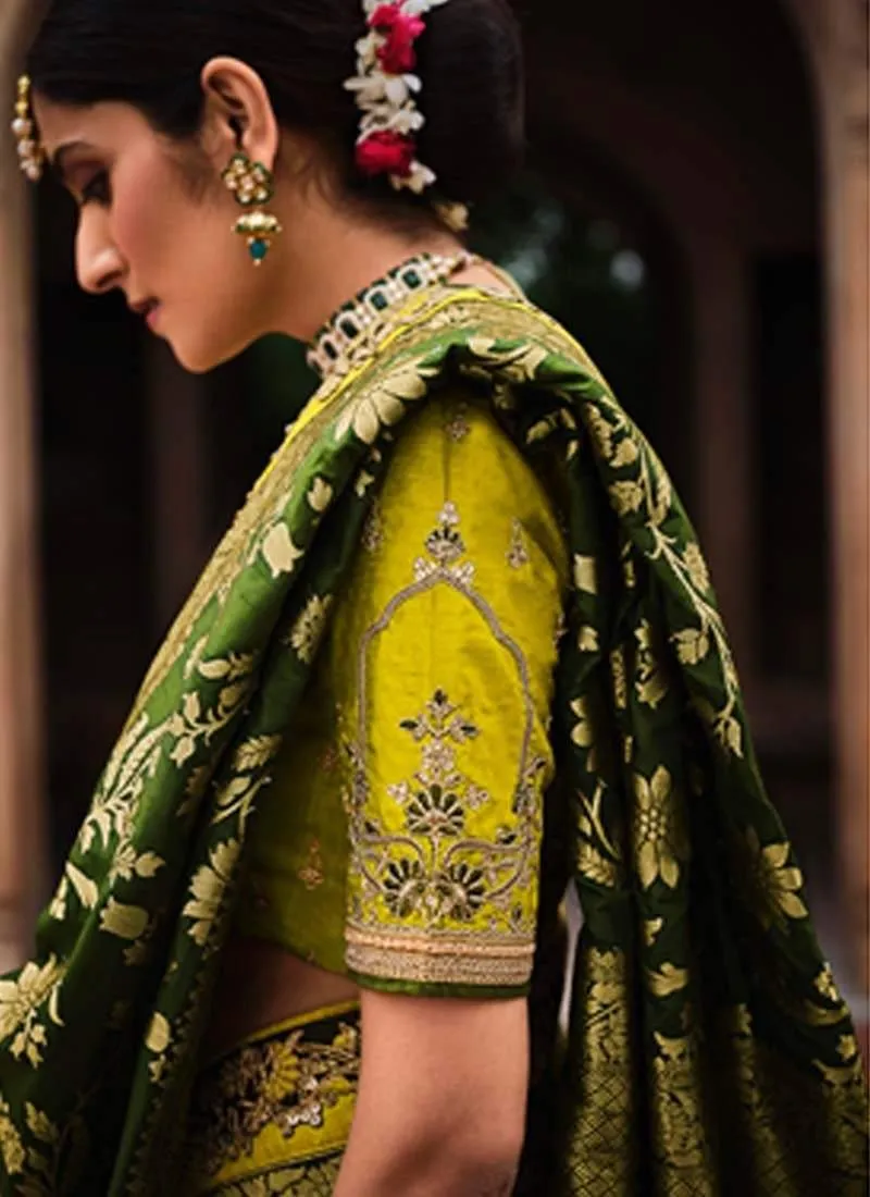 Artistic Olive Green Color Silk Fabric Saree With Silk Weave Embroidery