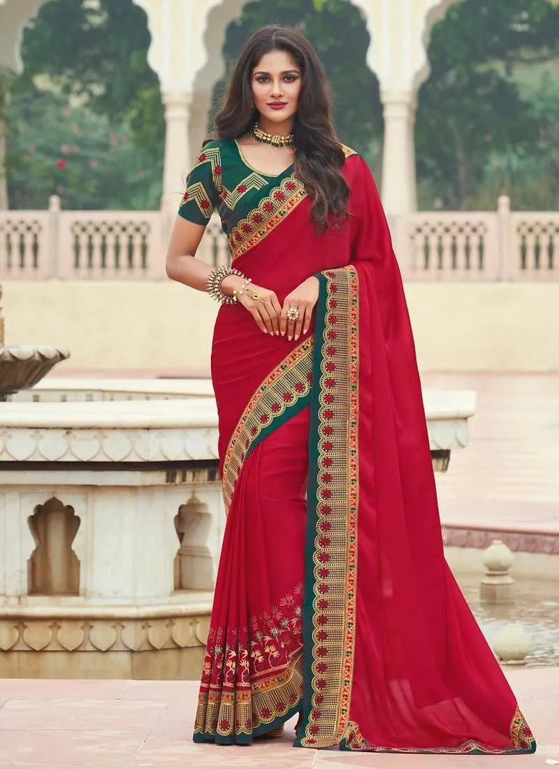 Artistic Silk Base Red Color Short Sleeves Blouse Half And Half Saree