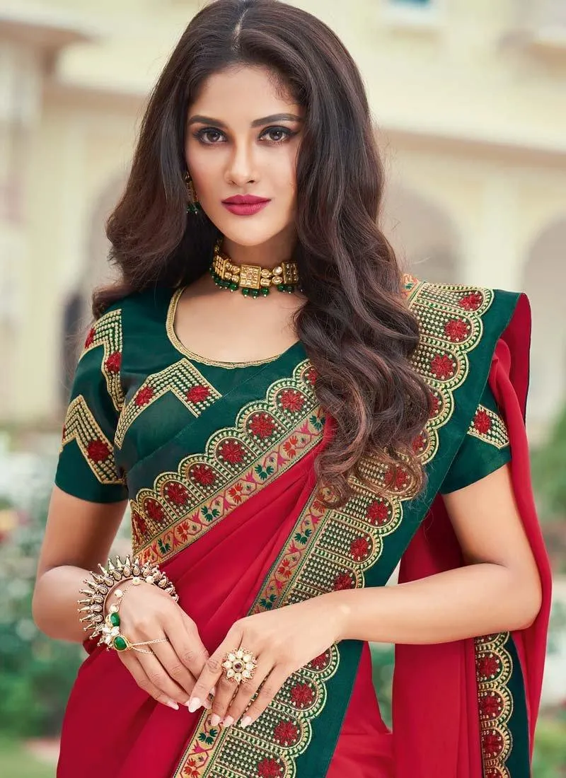 Artistic Silk Base Red Color Short Sleeves Blouse Half And Half Saree