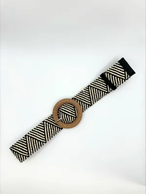 Atis Faux Rattan Weave Stretch Black and Cream Aztec Print Belt