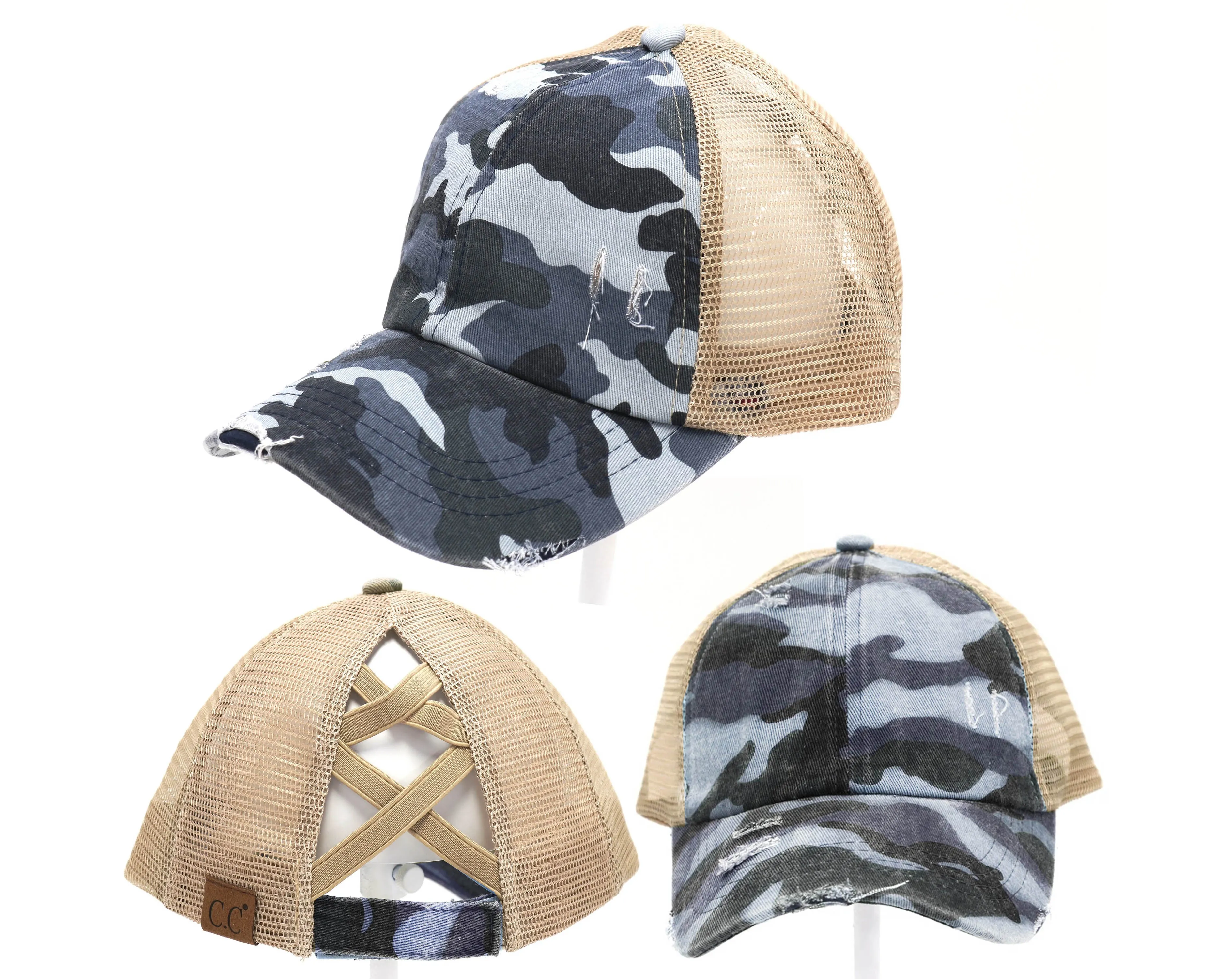 Authentic Blue Camouflage CC Beanie CrissCross High Ponytail Trucker Hat Camo Distressed Wash Denim