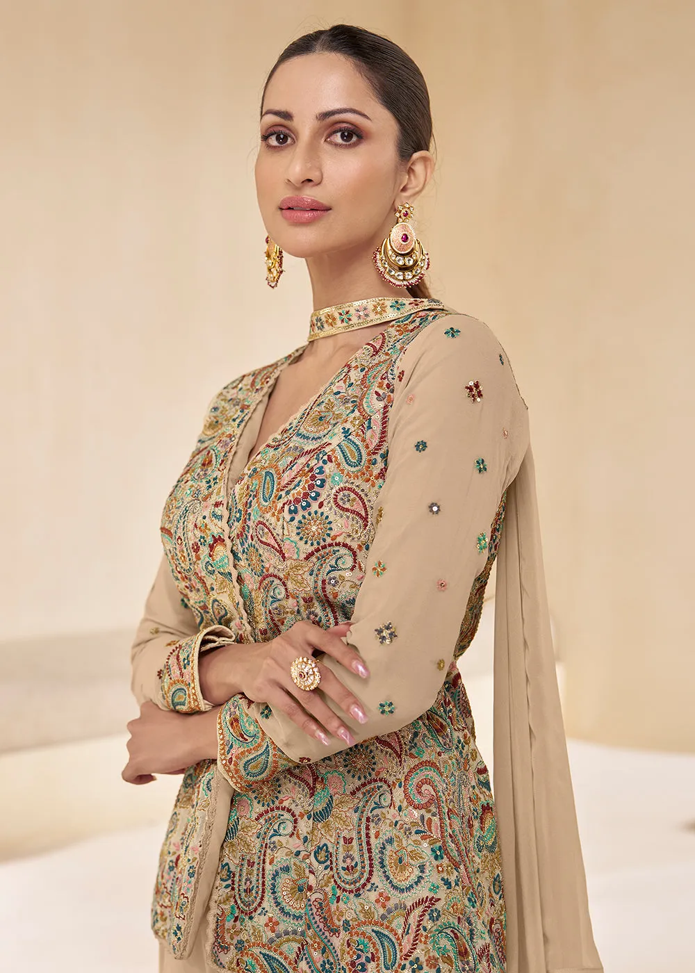 Beige Designer Embroidered Party Wear Sharara Suit