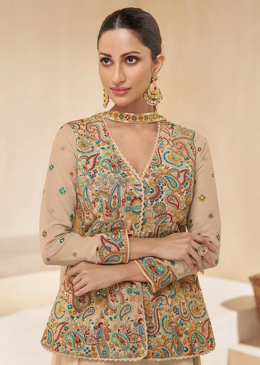 Beige Designer Embroidered Party Wear Sharara Suit