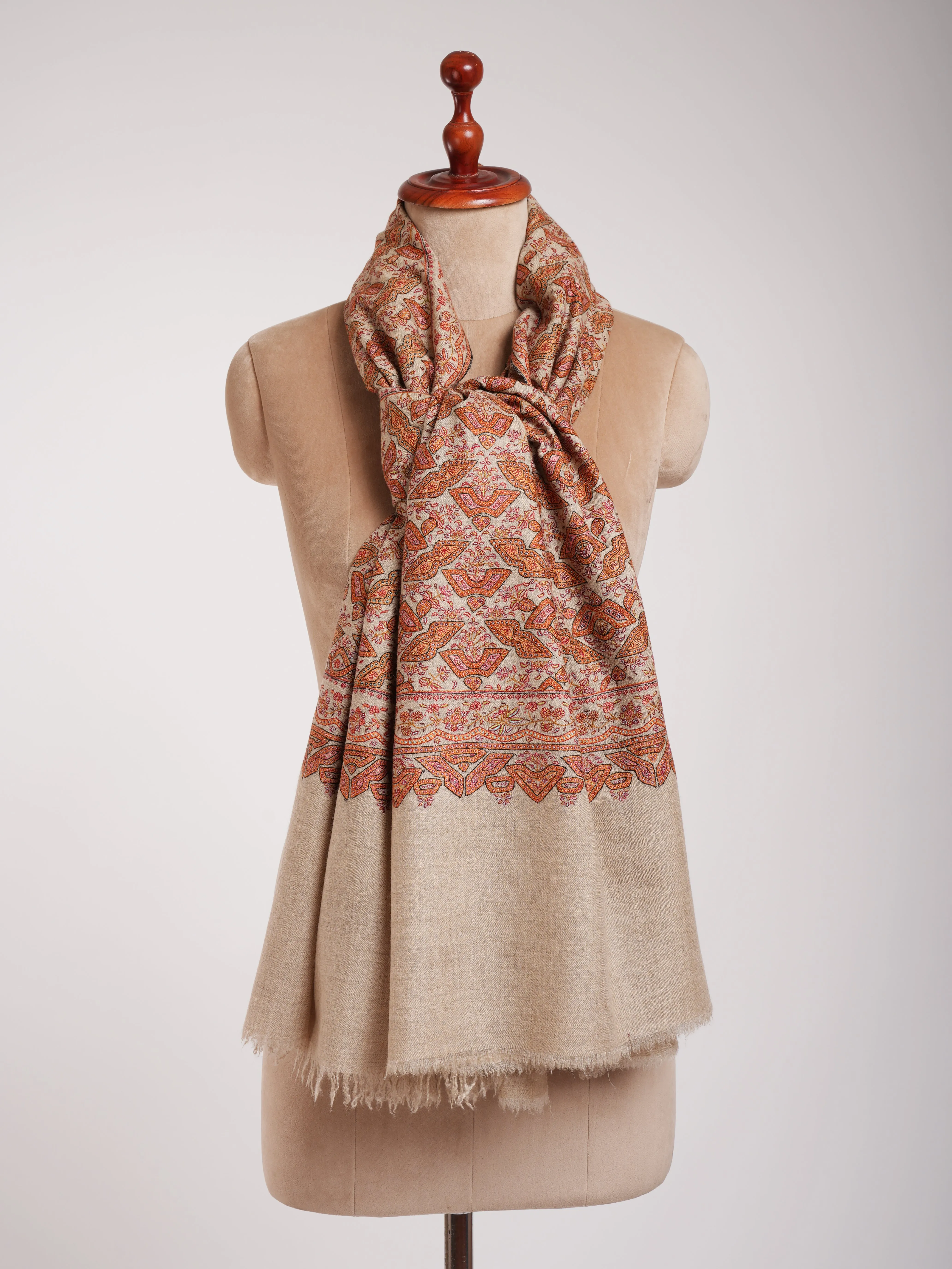 Beige Geometric Butterflies Embroidered Kashmiri Jamavar Shawl