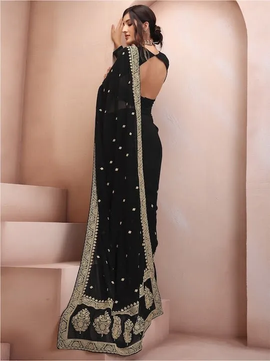 Black & Gold-Toned Floral Embroidered Poly Georgette Saree