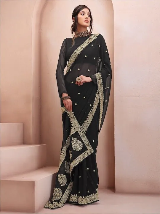 Black & Gold-Toned Floral Embroidered Poly Georgette Saree