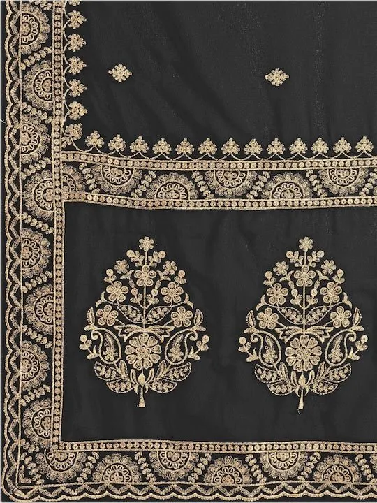 Black & Gold-Toned Floral Embroidered Poly Georgette Saree