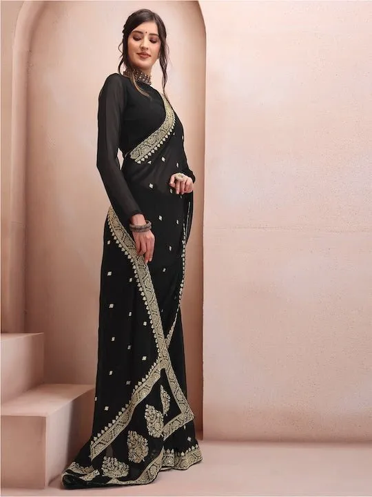 Black & Gold-Toned Floral Embroidered Poly Georgette Saree