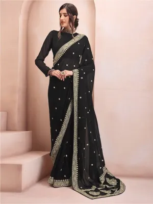 Black & Gold-Toned Floral Embroidered Poly Georgette Saree