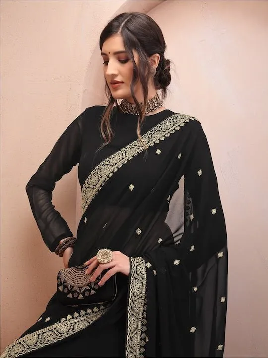 Black & Gold-Toned Floral Embroidered Poly Georgette Saree