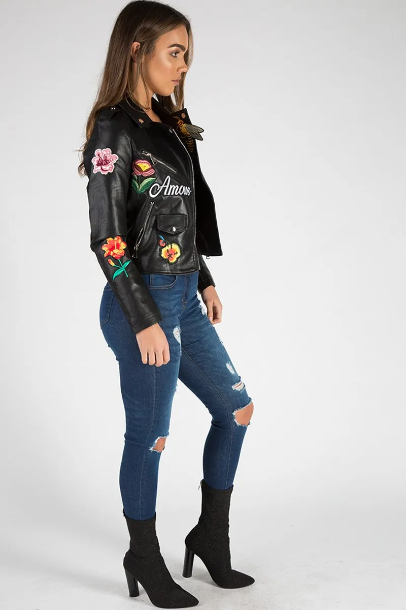 Black Faux Leather Floral Embroidered Biker Jacket - Amelie