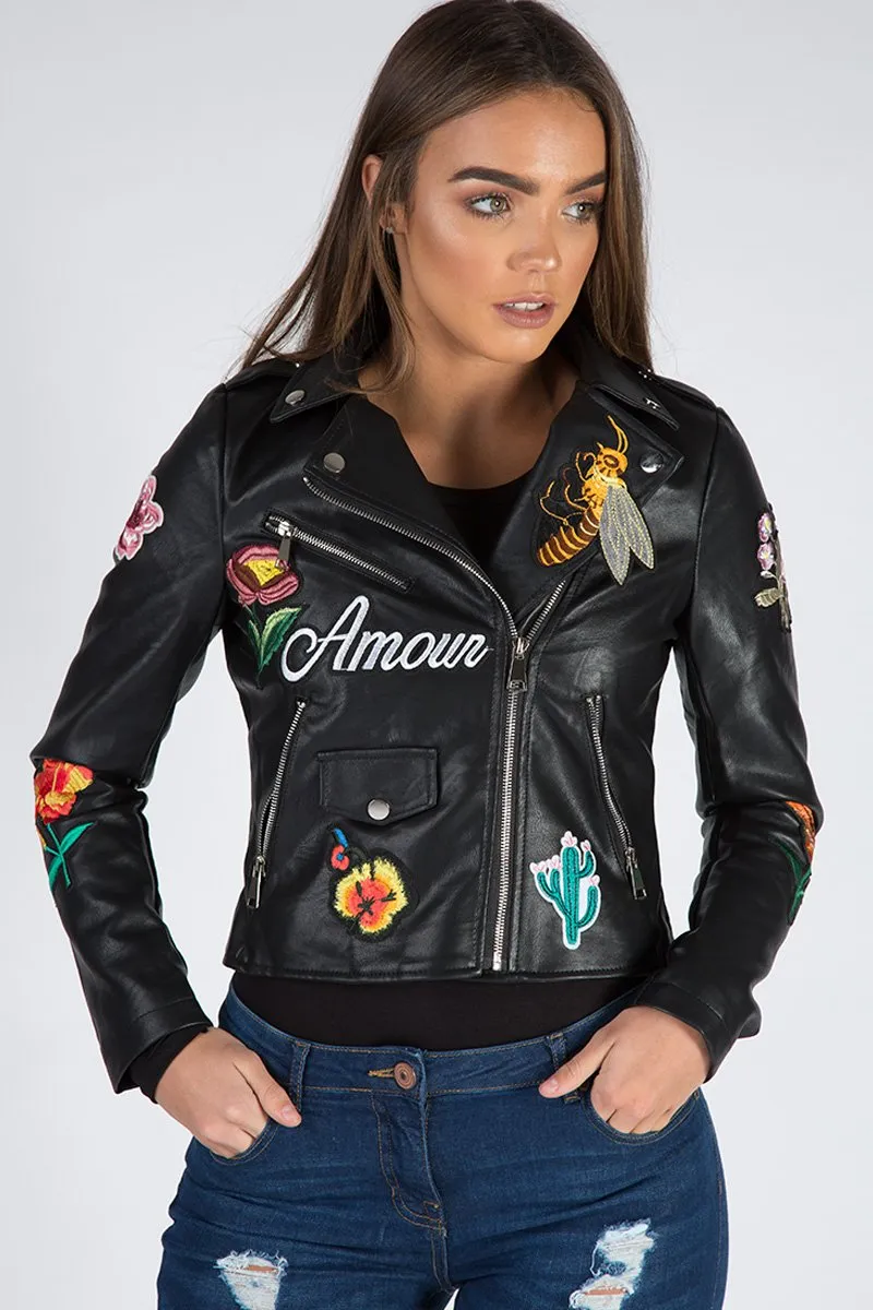 Black Faux Leather Floral Embroidered Biker Jacket - Amelie