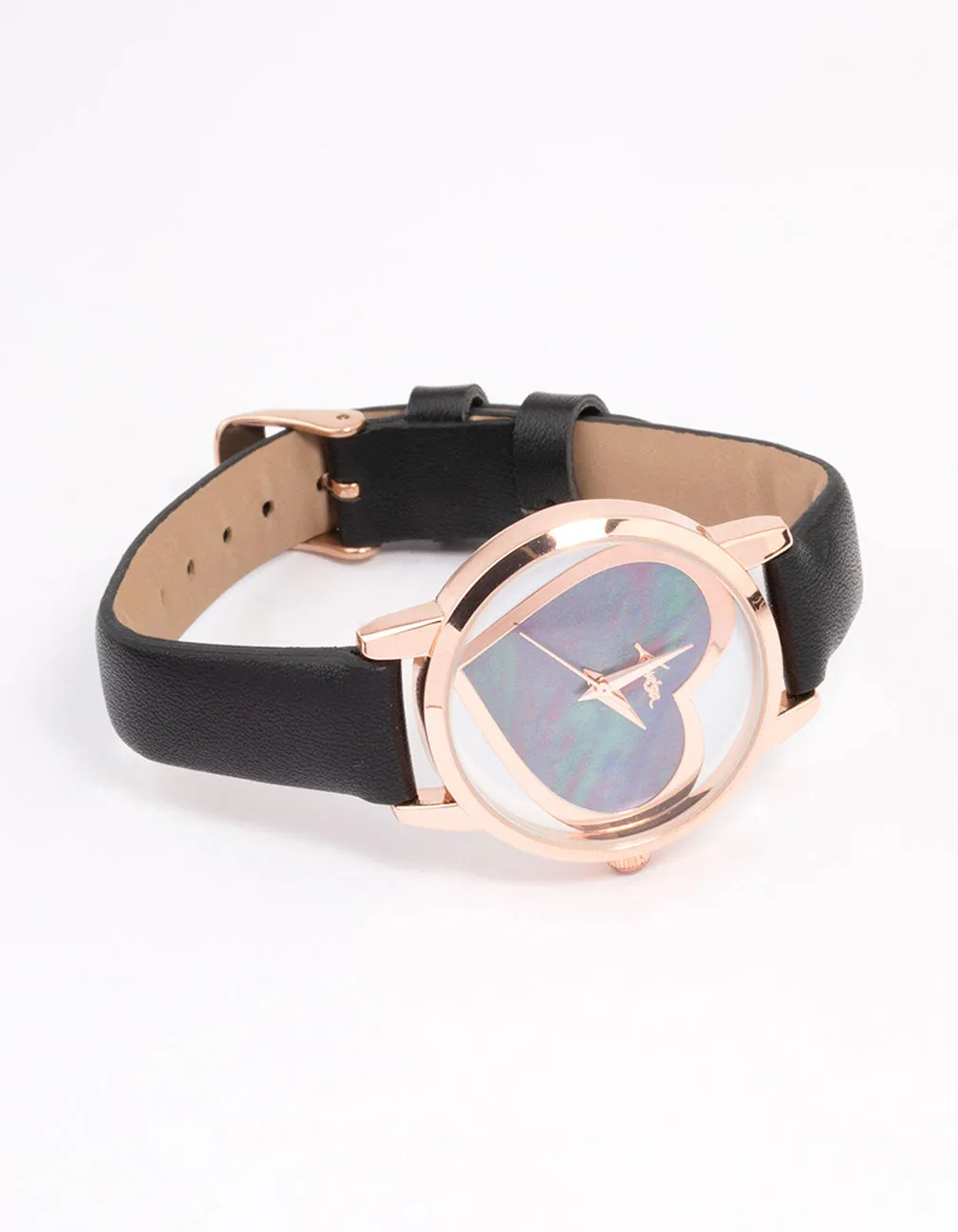 Black Faux Leather Large Heart Face Watch