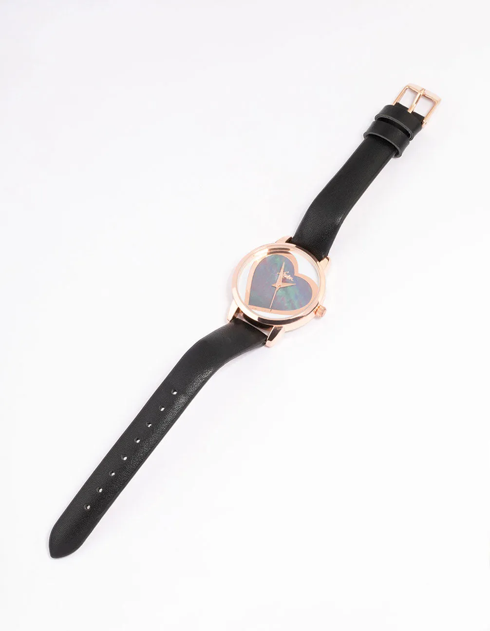 Black Faux Leather Large Heart Face Watch