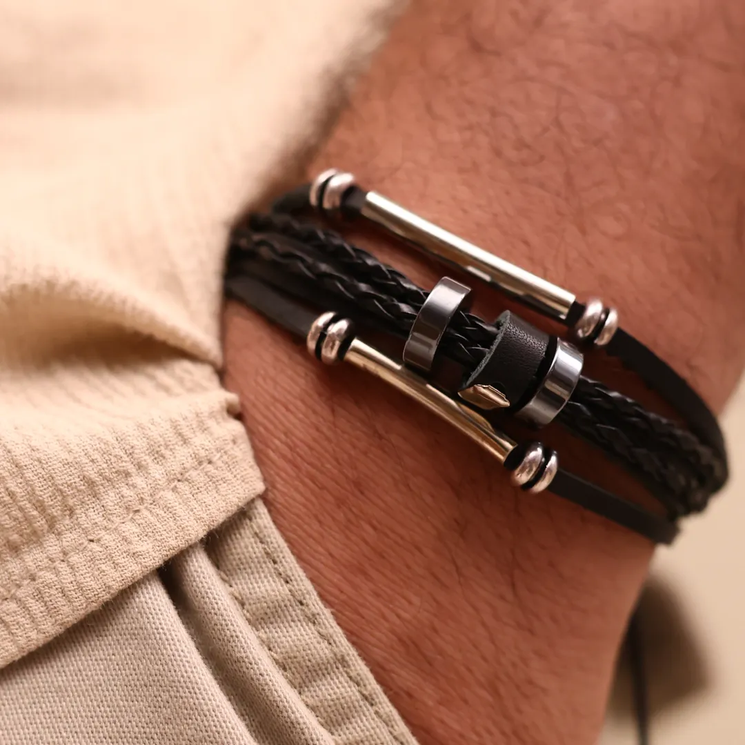 Black Leather Bracelets With Rings