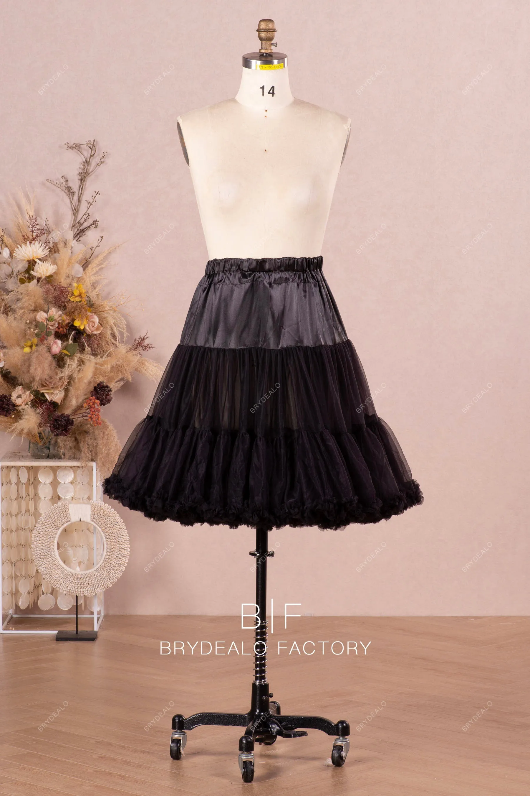 Black Mini Length Elastic Waistband Petticoat For Short Dresses