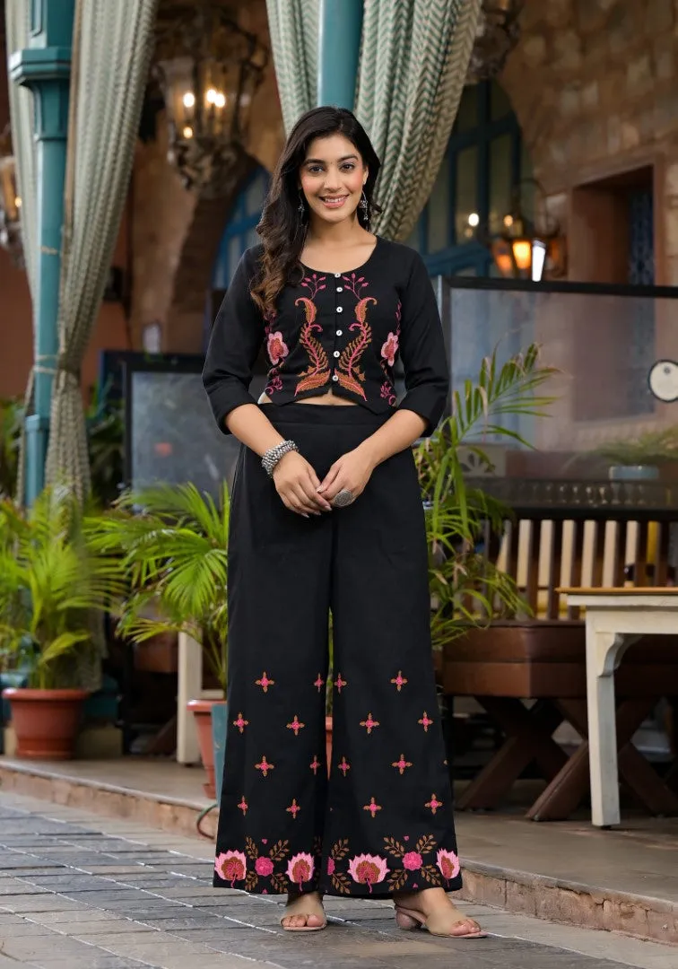 Black Thread Embroidered Cotton Top & Palazzo Set With Button Detail