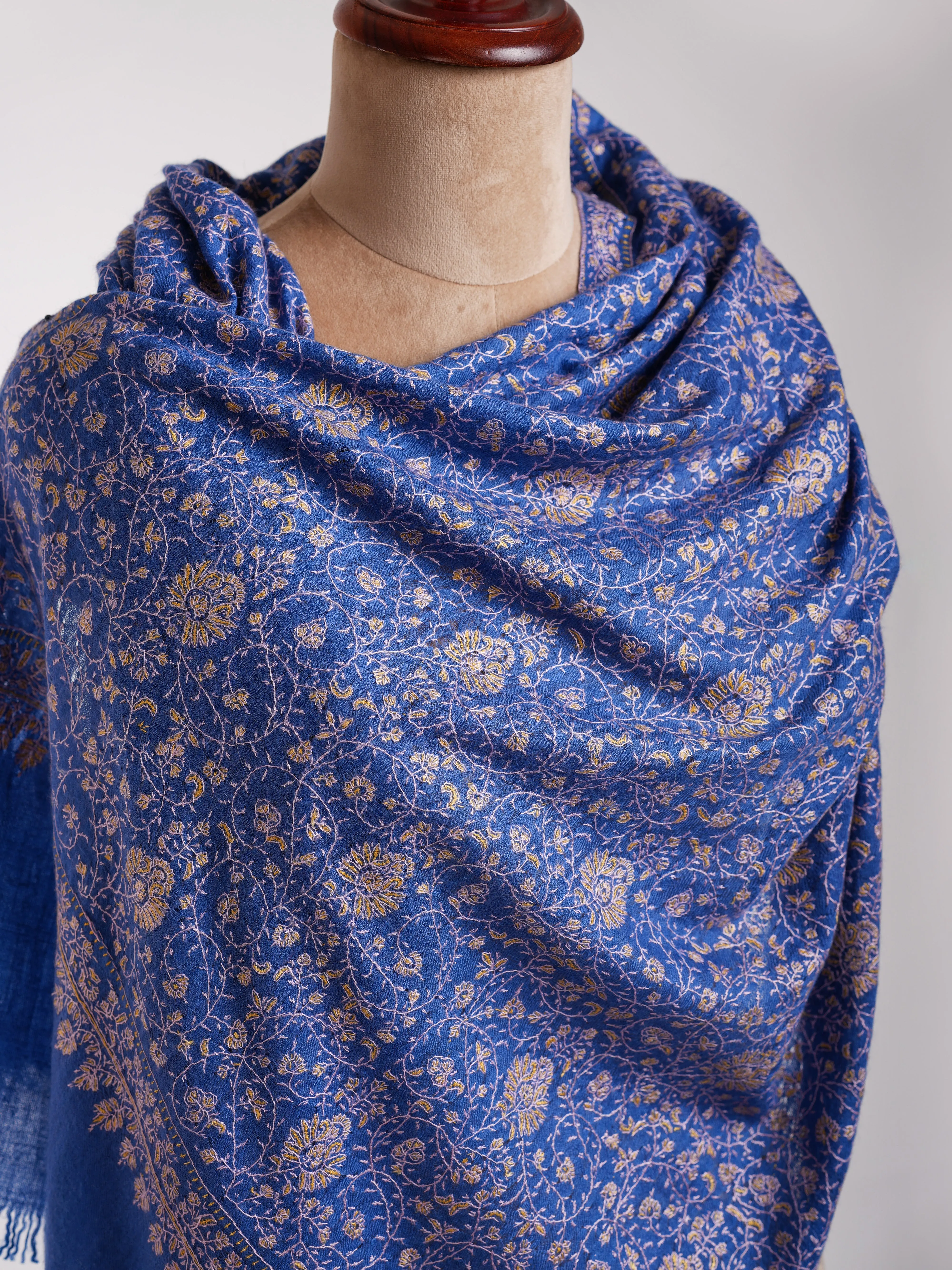 Blue Sozni Embroidered Indian Cashmere Stole