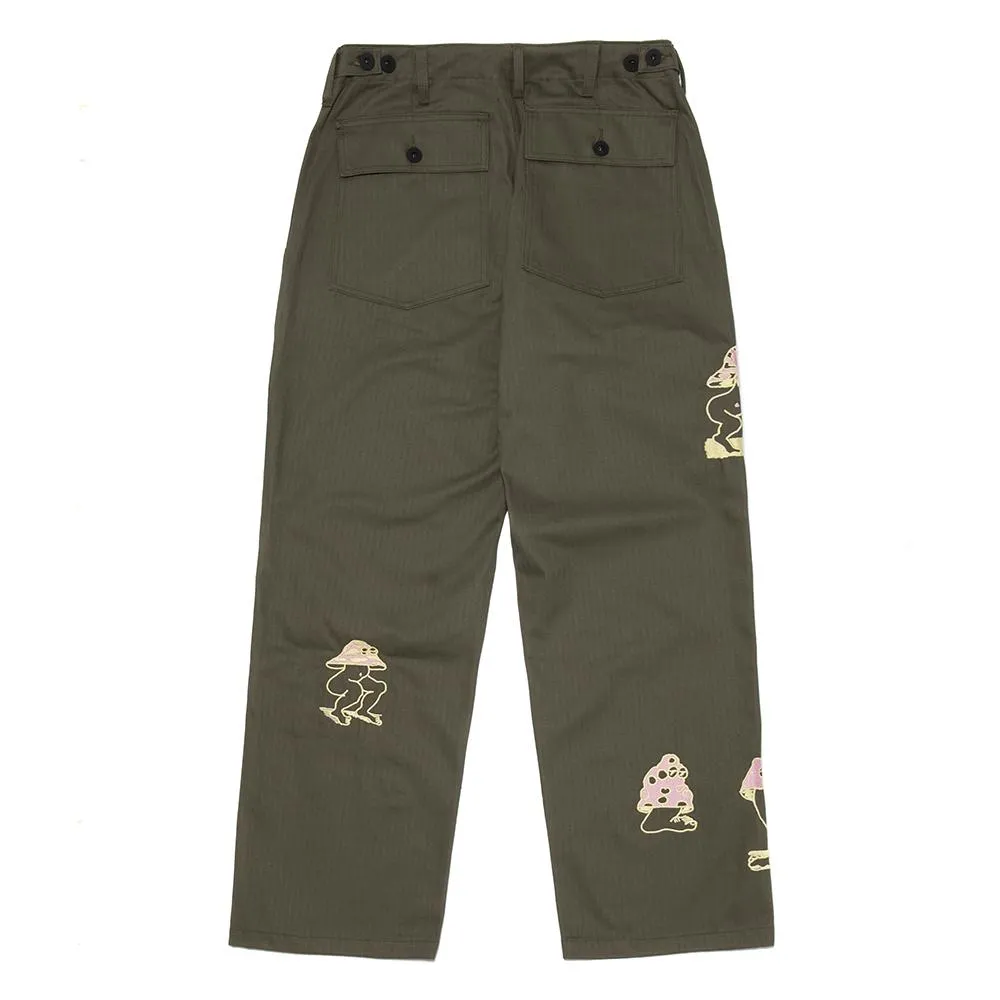 Brain Dead Mushroom Embroidered Herringbone Military Pant / Olive Drab