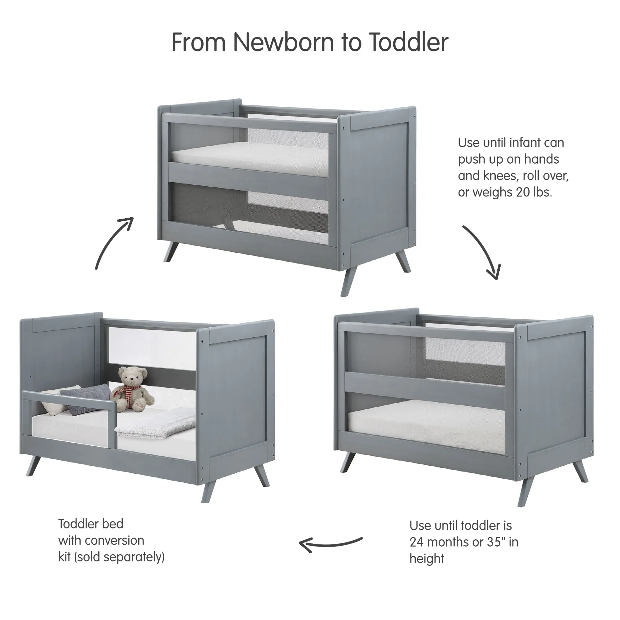 BreathableBaby Mesh 3-in-1 Convertible Crib - Gray