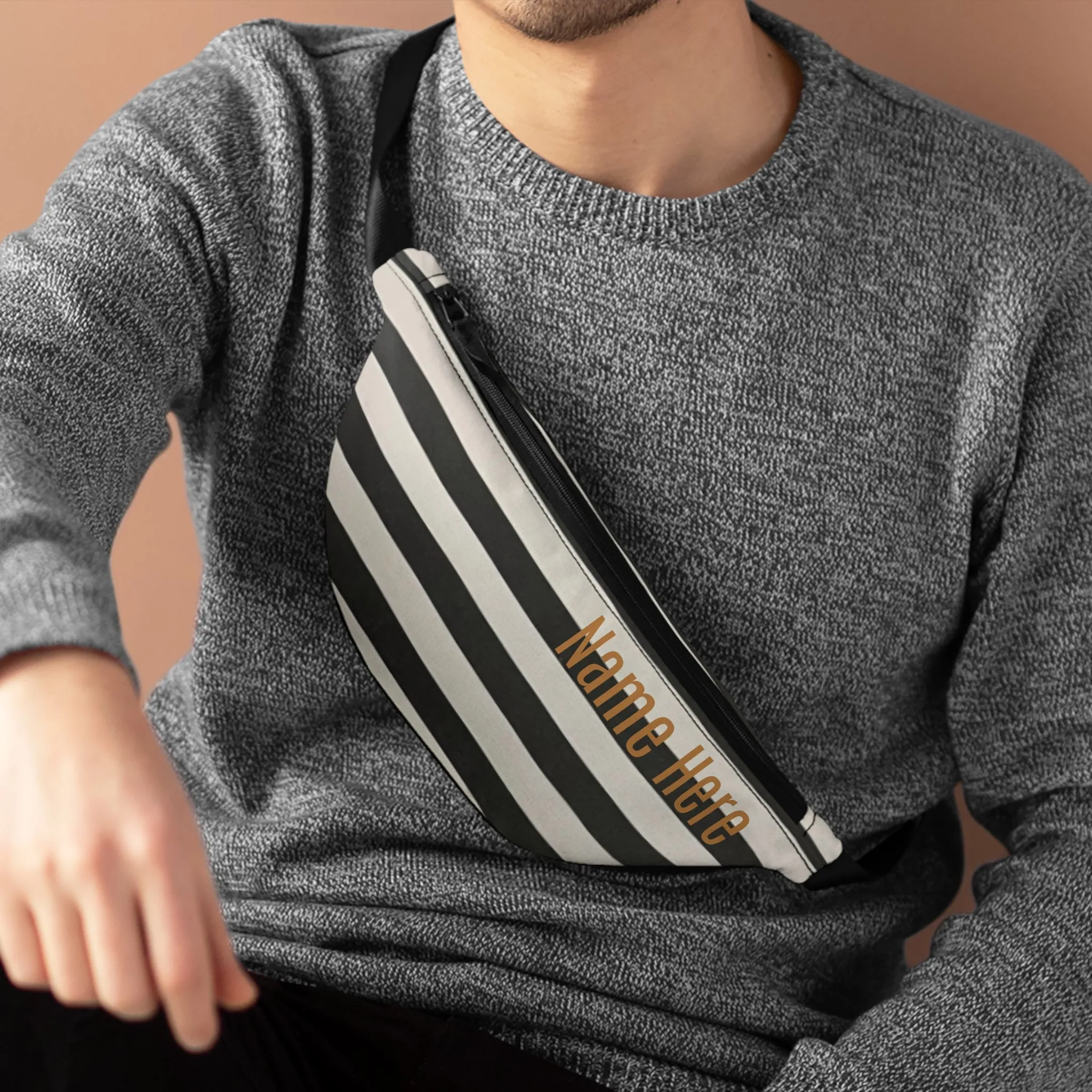 Customizable Black & White Striped Fanny Pack