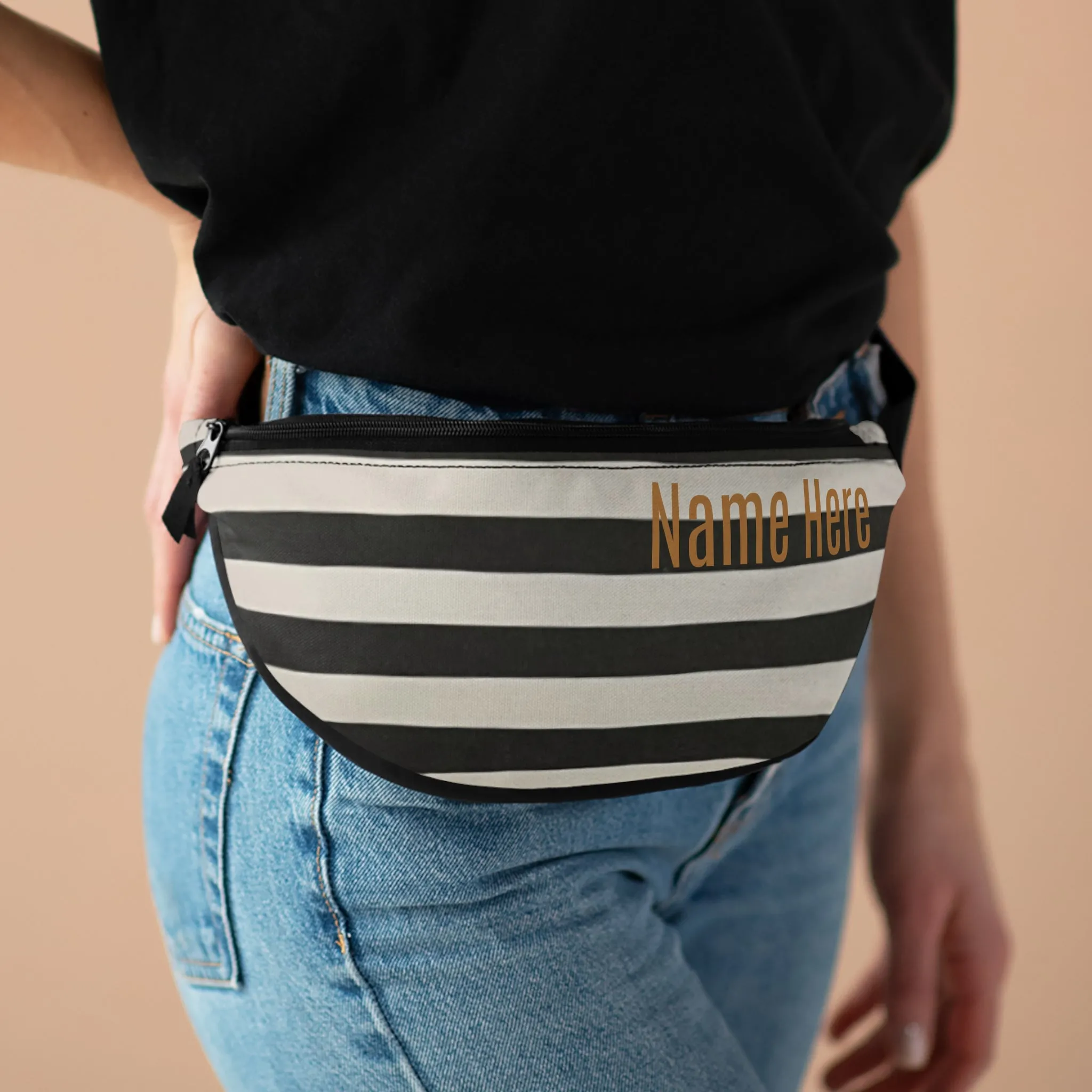 Customizable Black & White Striped Fanny Pack