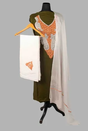 Dark Green Colour Kashmiri Tilla Aari Work Salwar Kameez Exclusive Neckline Pattern With Contrast Embroidered Dupatta