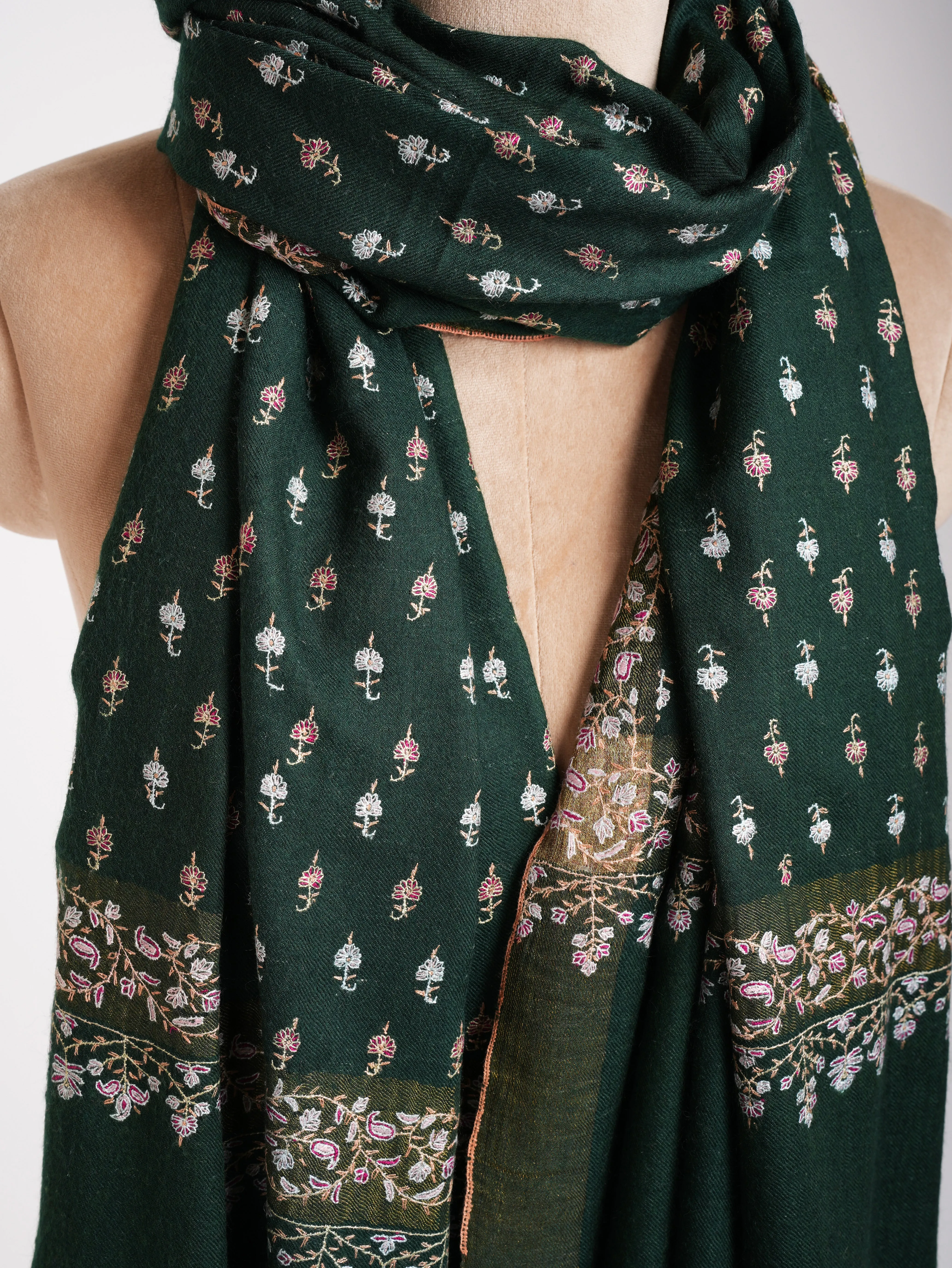 Dark Green Embroidered Pure Handmade Pashmina Shawl