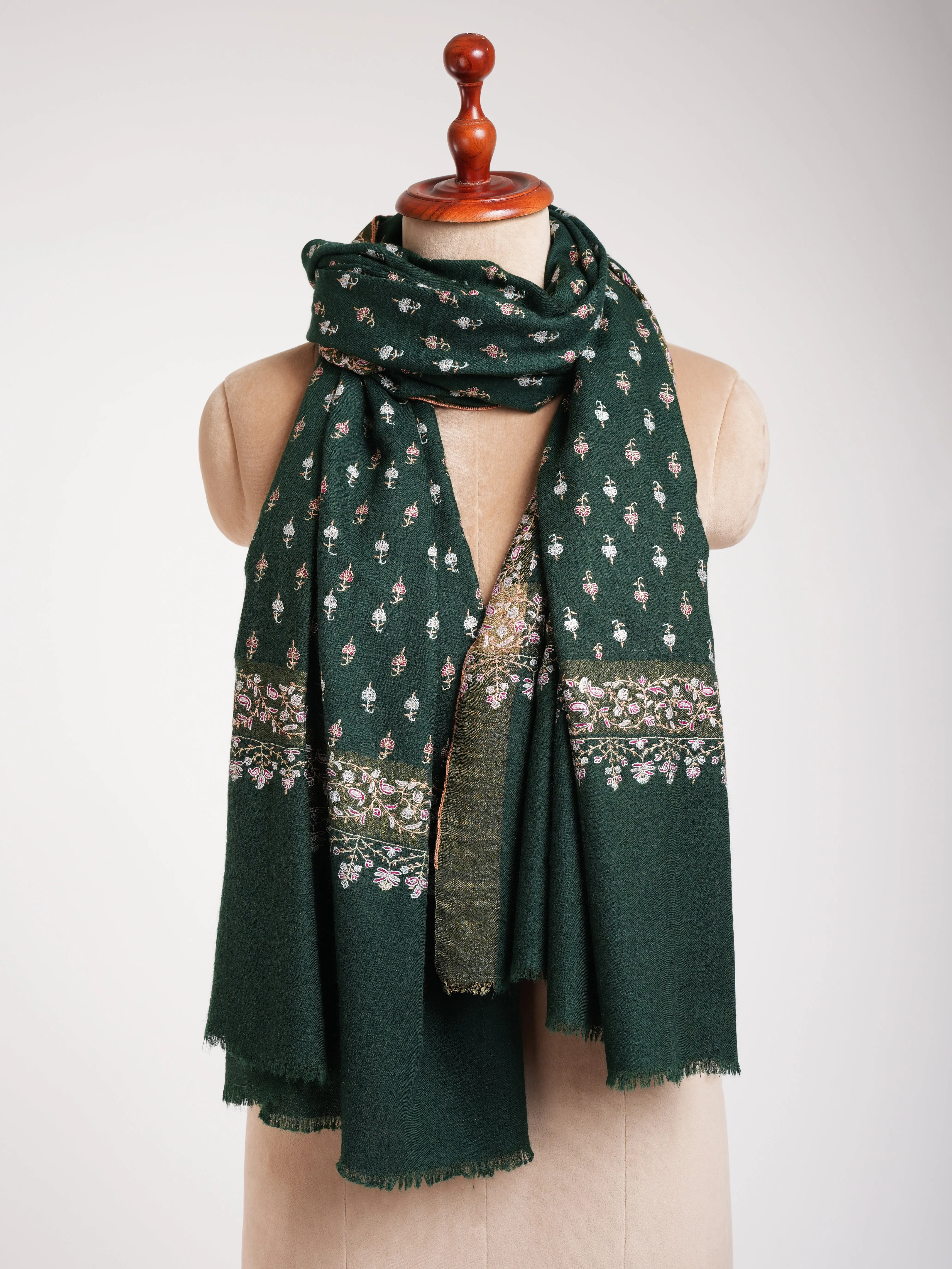 Dark Green Embroidered Pure Handmade Pashmina Shawl