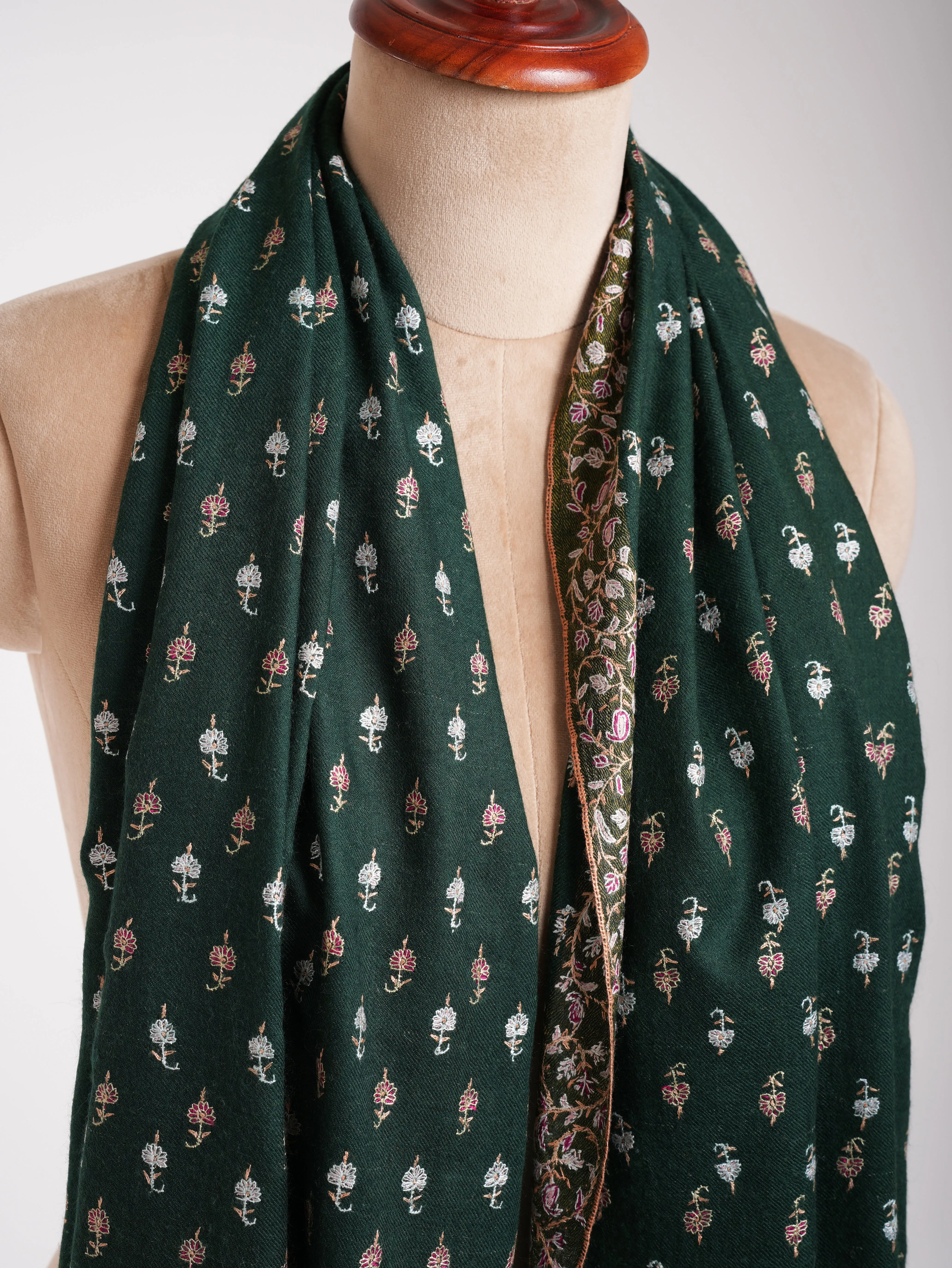 Dark Green Embroidered Pure Handmade Pashmina Shawl