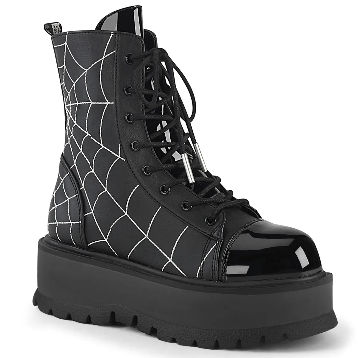 Demonia SLACKER-88 | Black Vegan Leather & Patent Ankle Boots