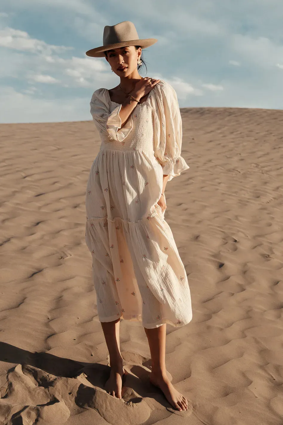 Ditsy Floral Embroidered Dress in Cream