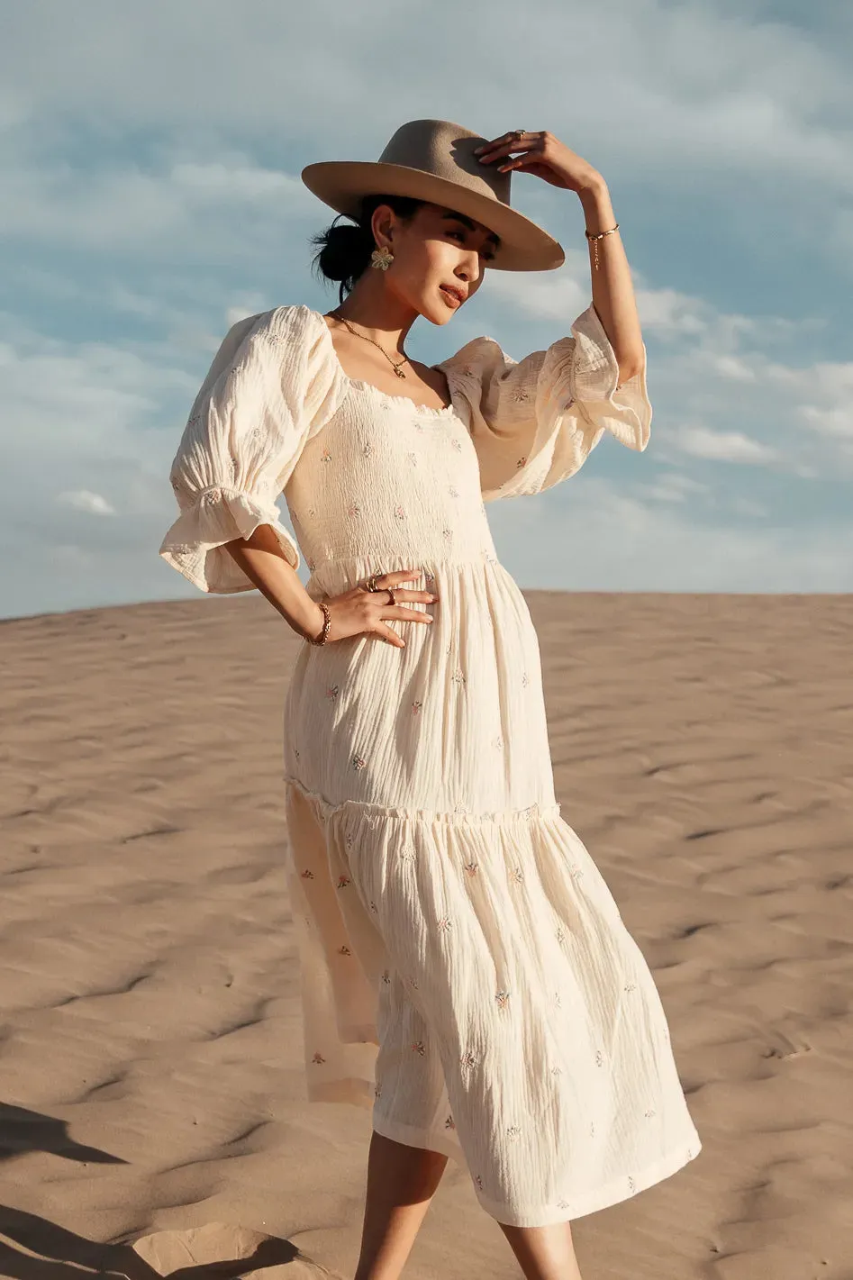 Ditsy Floral Embroidered Dress in Cream