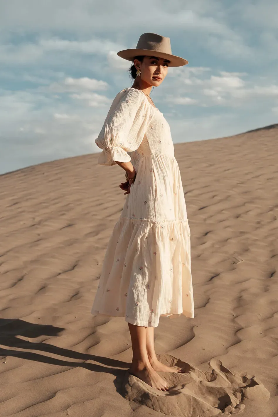 Ditsy Floral Embroidered Dress in Cream