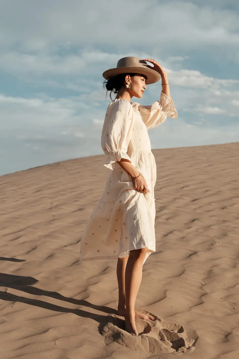 Ditsy Floral Embroidered Dress in Cream