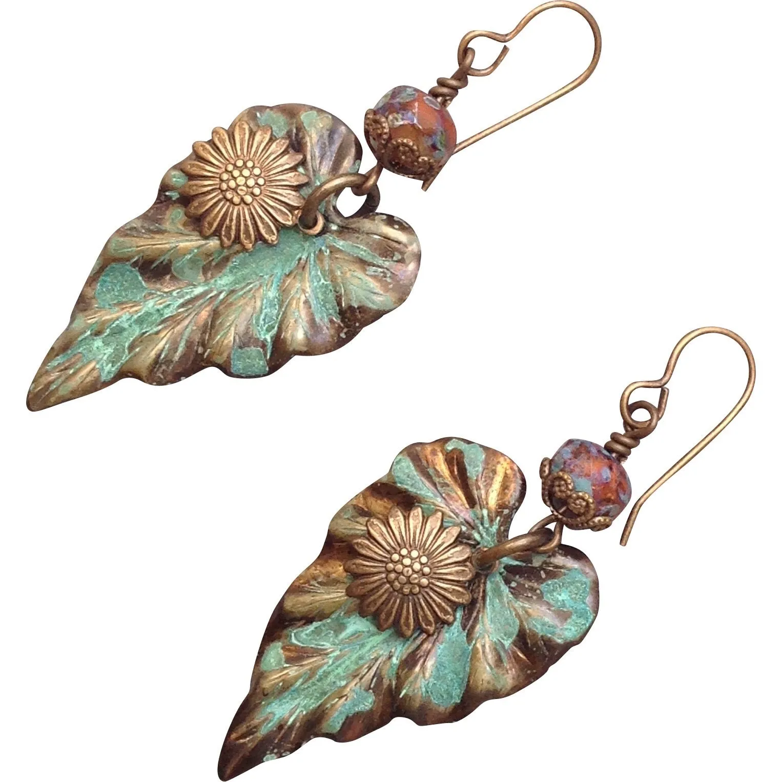 Fall Earrings of Autumn Leaves, Verdigris Brass Stampings